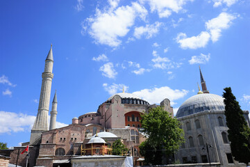 Fototapeta na wymiar Beautiful View of Hagia Sophia or Ayasofya (Turkish), Istanbul, Turkey. It is the former Greek Orthodox Christian patriarchal cathedral, later an Ottoman imperial