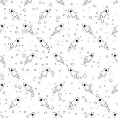 Seamless pattern with rockets and planets outline illustrations on white background