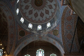 Fototapeta na wymiar Inside interior of blue mosque also known as Sultan Ahmed Mosque in Istanbul, Turkey