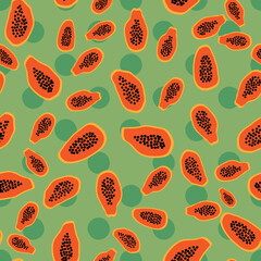 Bright papaya seamless vector pattern in orange and green. Tropical surface print design for fabrics, stationery, scrapbook paper, gift wrap, home decor, textiles, and packaging.