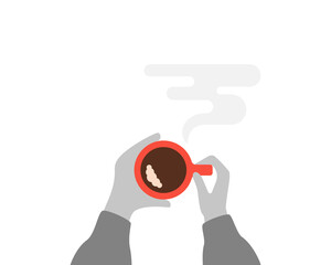 red cup of coffee in grey hands