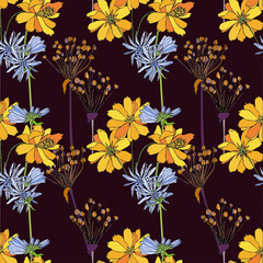 Chicory cosmos onion seamless pattern. Yellow blue flower on brown botanical art design stock vector illustration for web, for print, for fabric print