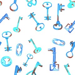 Seamless pattern. Watercolor old, rusty, blue keys. Hand-drawn vintage illustration isolated on a white background.