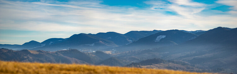 Panorama of the Carpathian mountains in the fog
