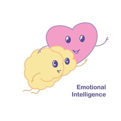 Cartoon illustration of friendly handshake and flying between brain and heart, EQ