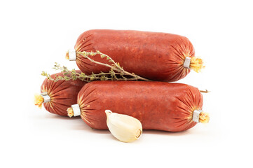 Turkish fermented sausage isolated on white background, dry raw sausage with spices
