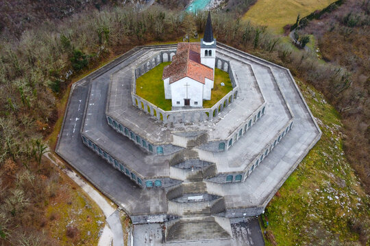 The aerial view of italian military memorial of 1. world war in Caporetto (Karfreit) or Kobarid in Slovenia, Europe