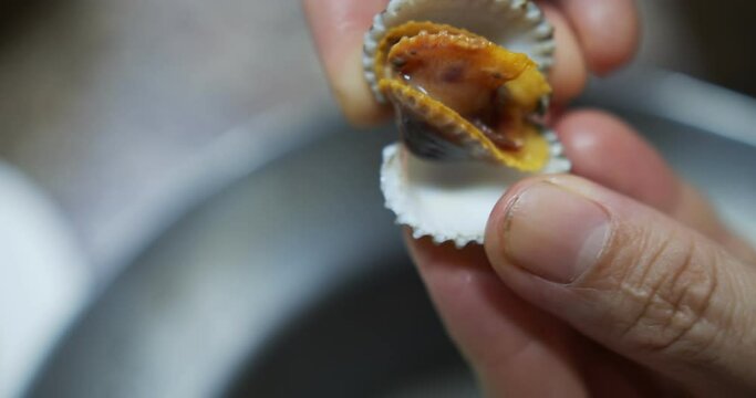 Slow motion close up person hand opens fresh juicy boiled cockle shell , Thai style seafood