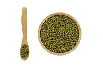 mung beans in wooden bowl and spoon isolated on white