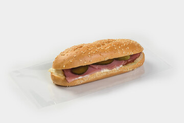 baguette sandwich with meat and pickles