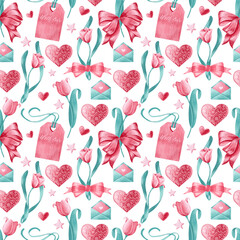 Romantic seamless pattern in pink and mint colors with hearts, flowers and stars. Valentines day hand drawn love background. Wallpapers, wrapping, textile, wedding, branding