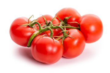 A bunch of ripe tomatoes. Tomatoes with sepals isolate on white background