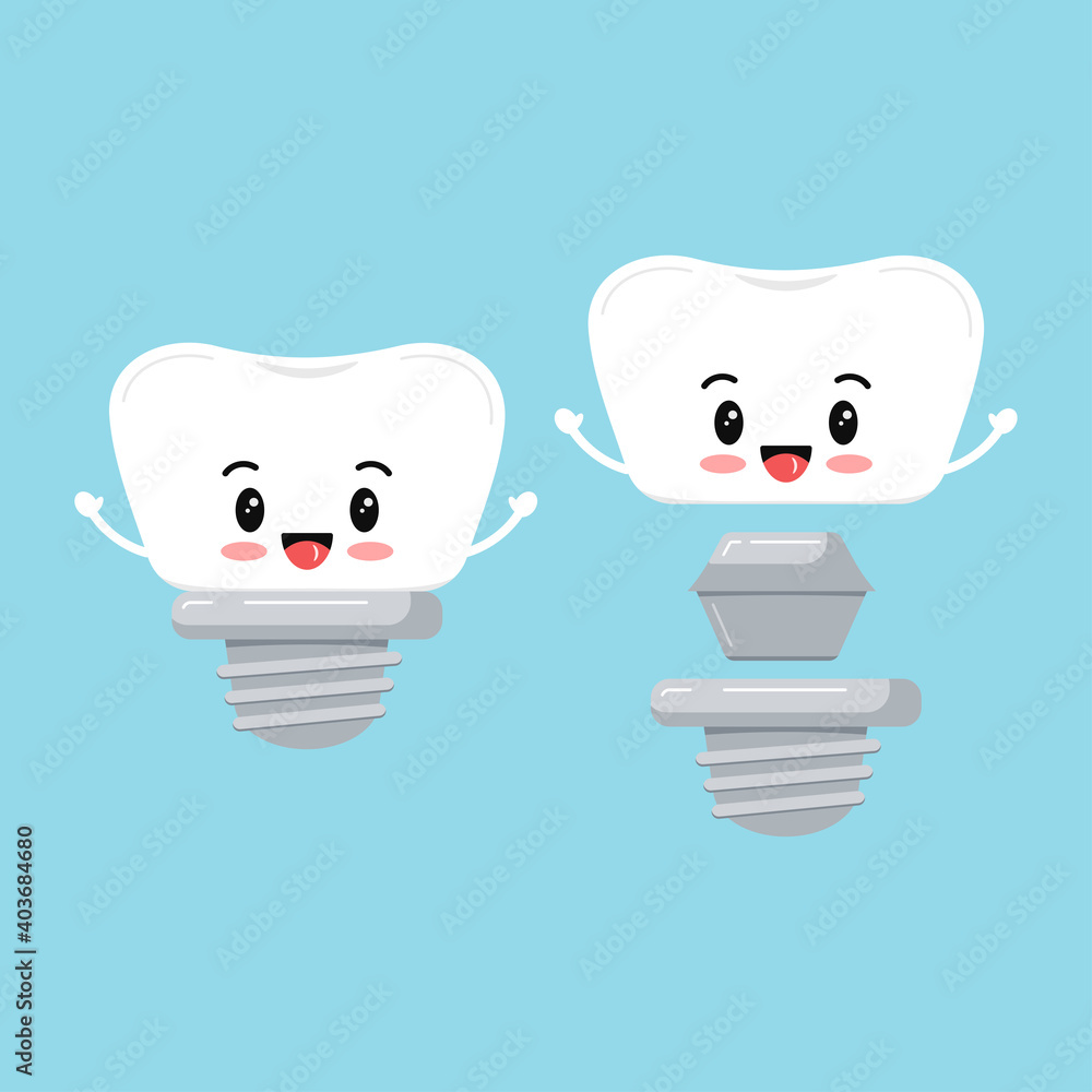 Sticker cute dental implant tooth with hand icon set isolated on blue background. sweet smilling teeth prost