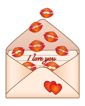 Letter with kisses - vintage envelope with love message and lip prints - vector full color picture for Valentine's Day. Kisses in an envelope - I love you.