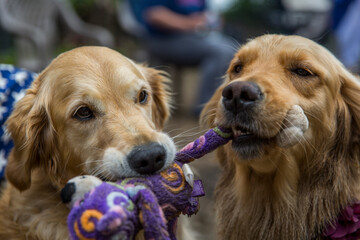 Golden retrievers play tug of war with a purple toy.