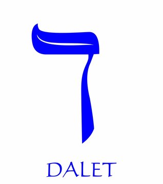 Hebrew alphabet - letter bejt, gematria door symbol, numeric value 4, blue font decorated with white wavy line, the national colors of Israel, vector design
