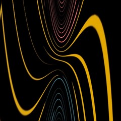 Patterns and designs from pink blue and yellow wavy lines on black background