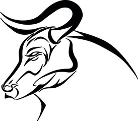 head of a beautiful calf, bull in lines, logo or tattoo, black on a white background