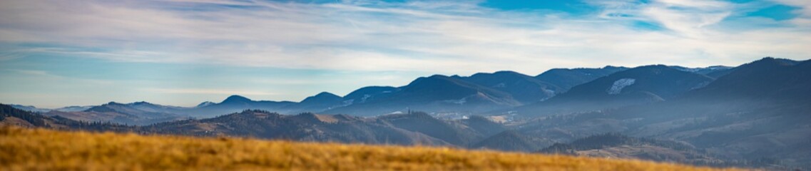 Panorama of the Carpathian mountains in the fog