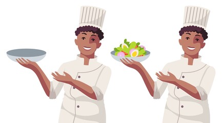 Smiling young adult black woman cook. Professional Chef. A person holds a bowl with salad or an empty dish in her hands. Isolated flat minimal simple cute cartoon illustration clipart set