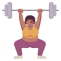 Naklejka premium Fat strong black plus size woman with natural hair in cute sportswear. Workout. Exercises.Concentrated person raises the bar. Weightlifting. Snatch, clean and jerk. Isolated flat cartoon illustration