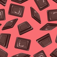 Delicious milk chocolate. Sweet dessert. Pieces of chocolate. Seamless pink background with pattern.