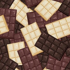 Delicious milk, dark, white chocolate. Sweet dessert. Chocolate bar. Pieces of chocolate. Seamless background with pattern.