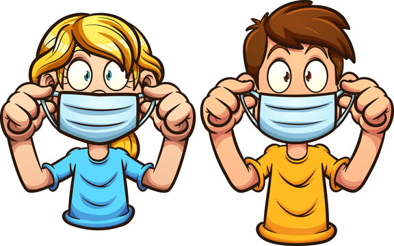 Cartoon kids putting on face masks. Vector clip art illustration with simple gradients. Each on a separate layer.
