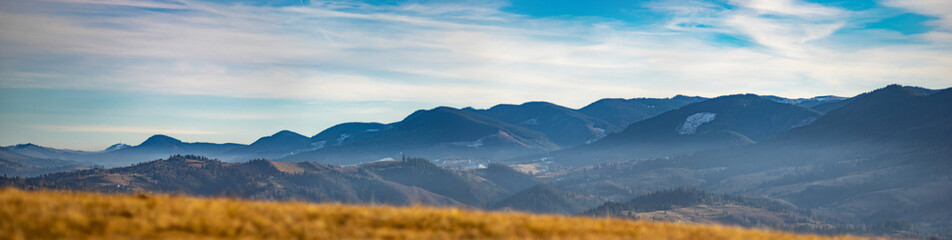 Carpathian mountains in the fog in Ukraine
