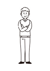 正面を向いたシニア男性の全身イラスト【線画・塗りなし】