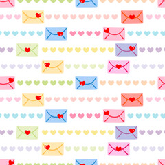 Seamless pattern with red hearts and valentines. Vector illustration on a white background.