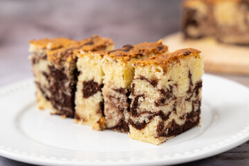 Slices of homemade marble chocolate pound cake or loaf bread