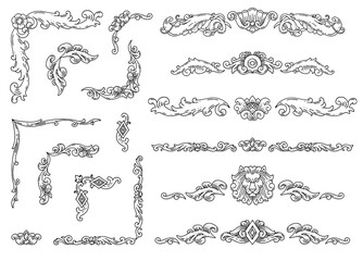 Vector set of gold decorative horizontal floral elements, corners, borders, frame and cartouches. Historical and decorative style of Baroque. Hand drawn sketches, engraving style. Page decoration.