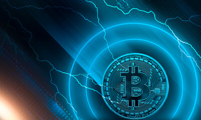 Abstract dark neon background with bitcoin, dynamic lines, lightning. Modern design, cryptocurrency. 
