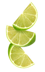 three pieces of lime in the air, isolated on a white.