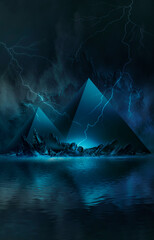 Futuristic night landscape with abstract landscape and island, moonlight, shine. Dark natural scene with reflection of light in the water, neon blue light. Dark neon circle background. Pyramids