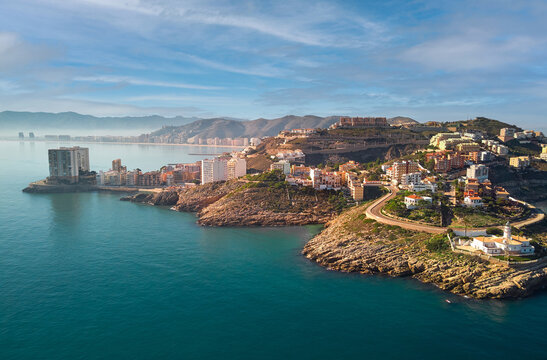 Aerial drone point of view Cullera townscape. Spain