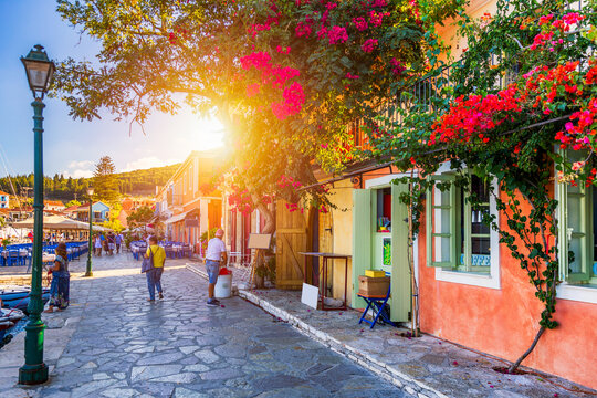 Fiskardo village, Kefalonia island, Greece. Fiscardo on the Island of Kefalonia in Greece. The holiday destination. Beautiful narrow streets in Fiskardo, Kefalonia, Greece