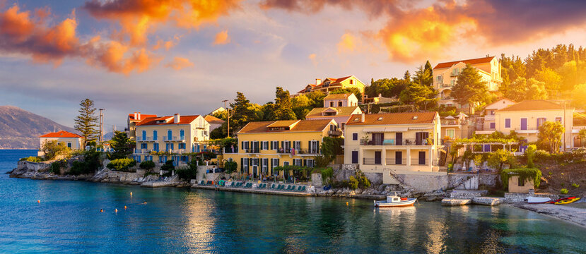 Fiskardo village, Kefalonia island, Greece. Fiscardo on the Island of Kefalonia in Greece. The holiday destination. Beautiful beach in Fiskardo, Kefalonia, Greece