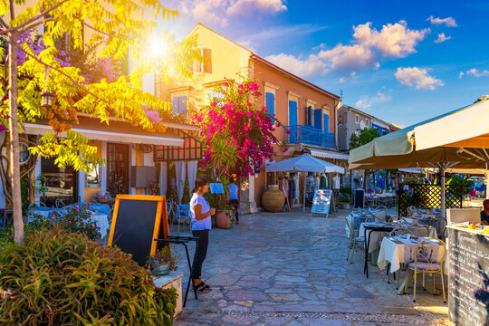 Fiskardo village, Kefalonia island, Greece. Fiscardo on the Island of Kefalonia in Greece. The holiday destination. Beautiful narrow streets in Fiskardo, Kefalonia, Greece