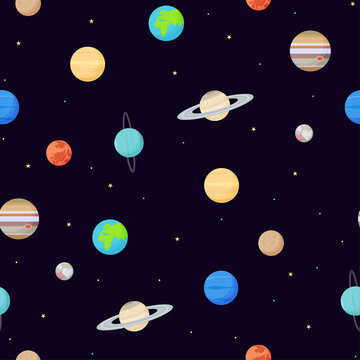 Colorful space seamless pattern with planets and stars. Vector repeating planets background for textile, fabrics, wallpaper, print, cover, backdrop, surface, banner, package design. Planets pattern