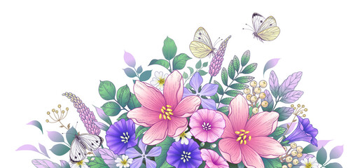Hand Drawn Beautiful Flowers  and  Butterflies