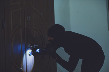 Full length of robber. Man with flashlight and bag in living room. Robber breaks the front door...