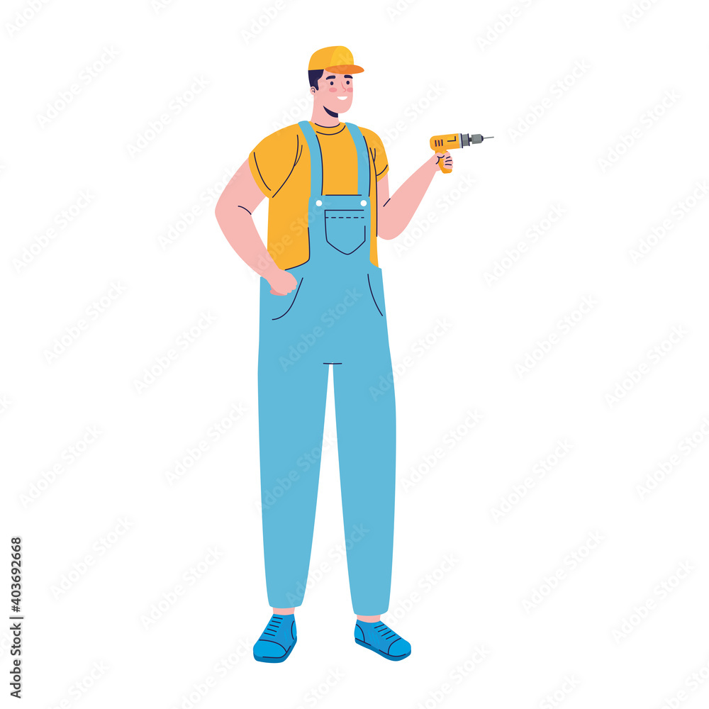 Poster builder constructor man with drill character vector illustration design