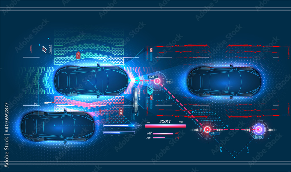Poster autonomous smart car goes on the road in traffic. scans the road, observe the distance. future conce