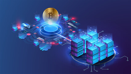 Blockchain technology. Cryptocurrency marketplace of bitcoin mining farm. Bitcoin conceptual background with blue glowing electric lights Modern bright banner, site template with place for your text.