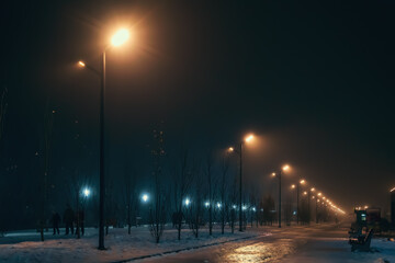 Urban alley in foggy winter night illuminated by street lamps. © DedMityay