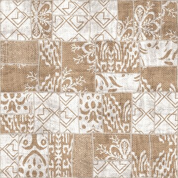 Seamless patchwork collage mix quilt pattern print. High quality illustration. Random selection of small rectangular fabric patterns stitched together digitally into a seamless pattern for print.