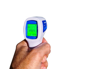 Digital medical infrared forehead thermometer gun non contact for measuring temperature, for coronavirus (COVID-19) testing. white background. Copy, text space.