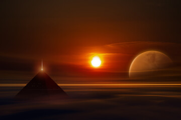 Desert landscape with pyramid and golden sunset on an alien world. © pixel